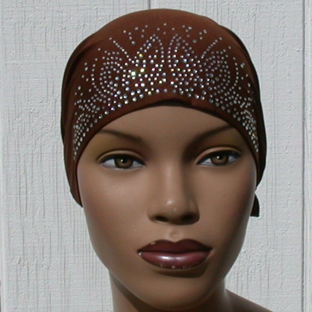 Rhinestone Tie Back Cap Cotton Bonnet Hijab Undercap Brown
